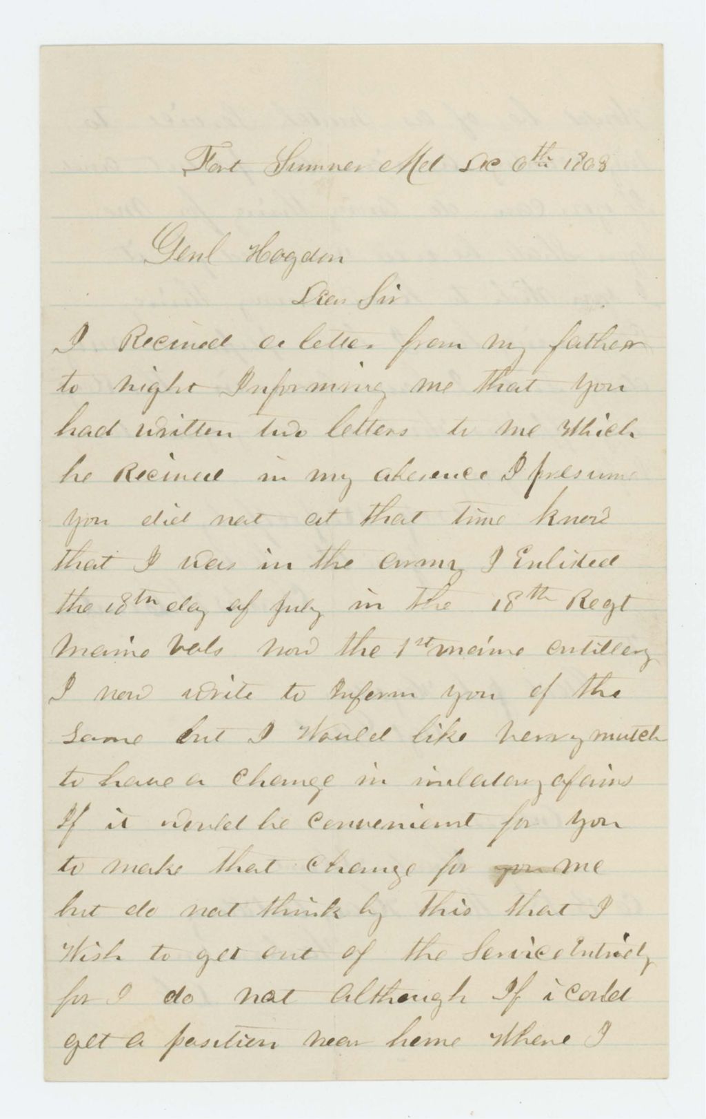 Miniature of Charles W. Lunt writes General Hodsdon requesting a change in his duties