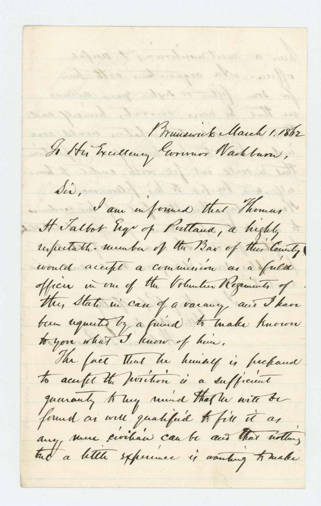 Miniature of Judge William G. Barrows and others recommend Thomas H. Talbot, Esq. for commission as field officer