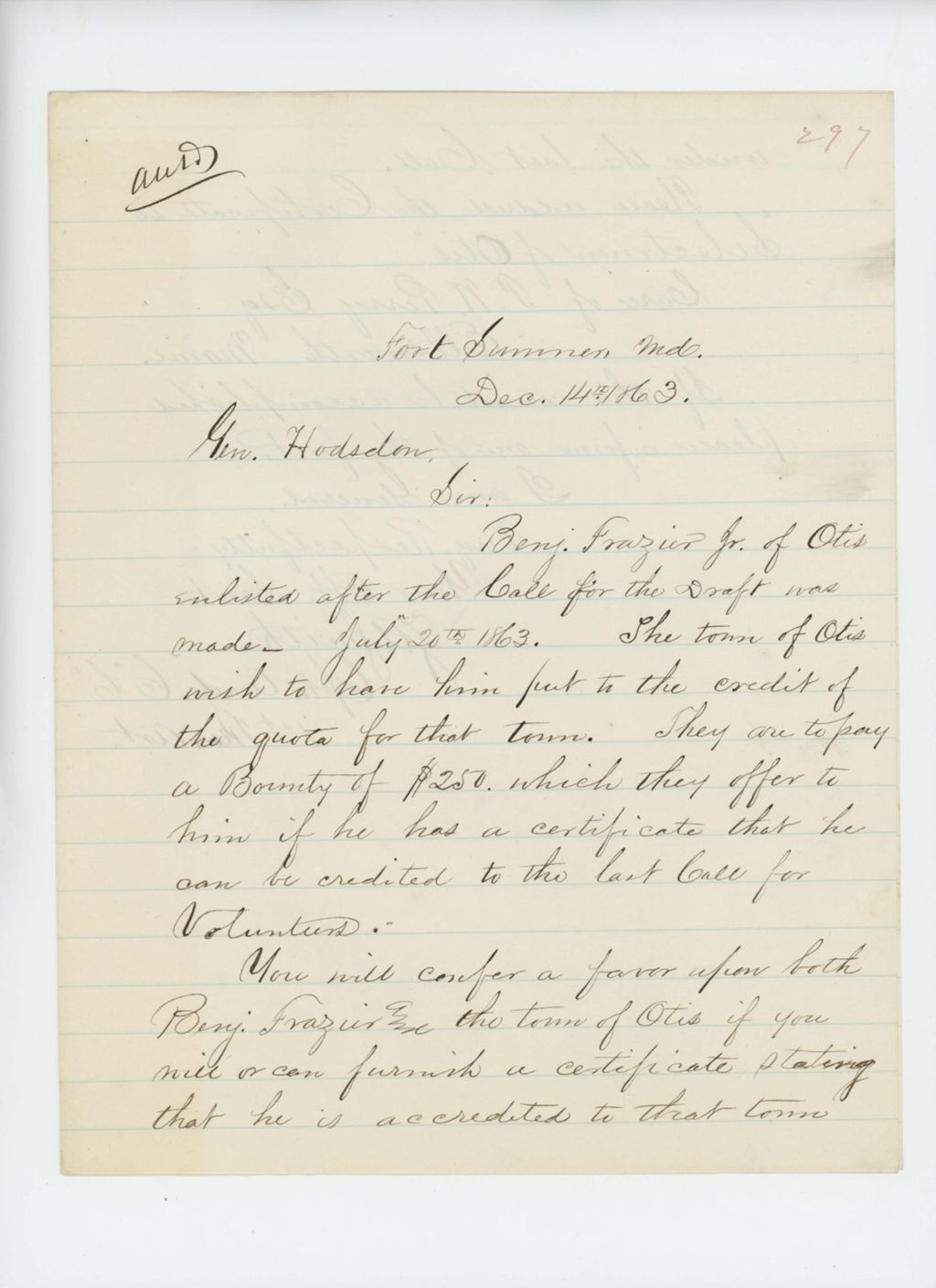 Miniature of Captain Zemro A. Smith requests a copy of Benjamin Frazier, Jr. enlistment certification