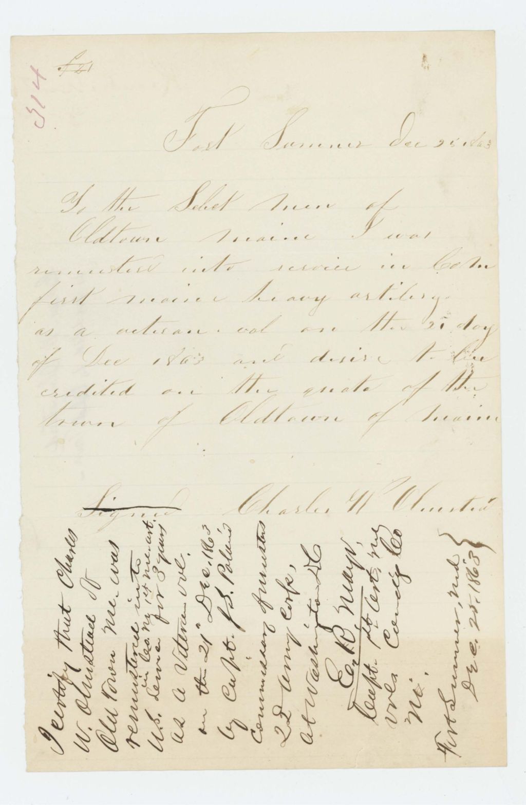 Miniature of Charles W. Olmstead wishes to be counted in the quota from Old Town