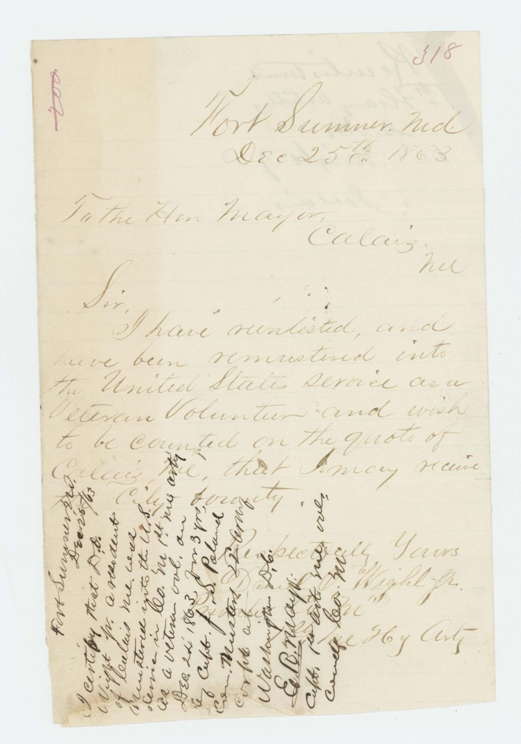 Miniature of Daniel O. Wight, Jr. informs the mayor of Calais that he has re-enlisted and is due the city bounty