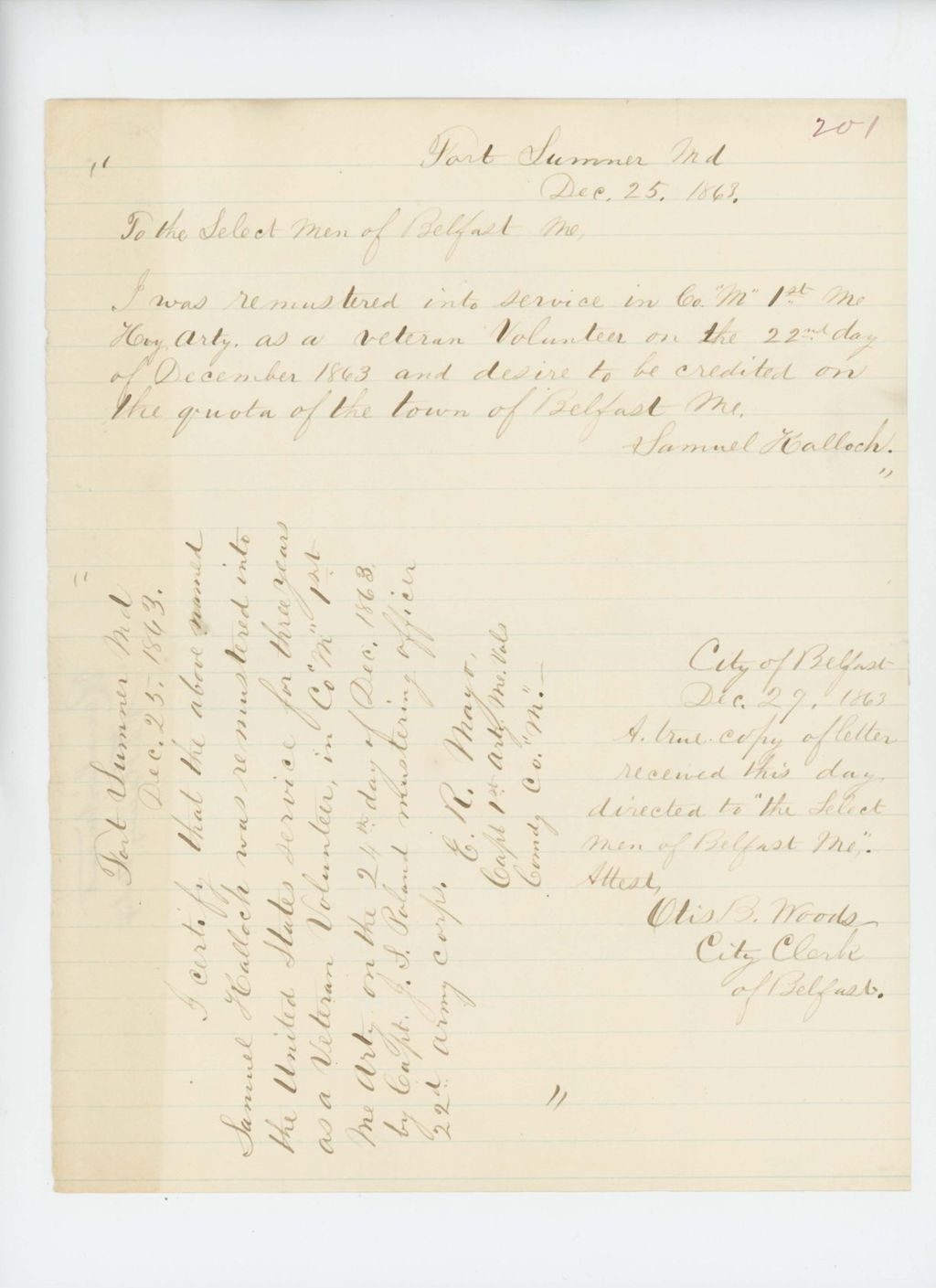 Miniature of Samuel Kalloch informs selectmen of Belfast that he re-enlisted and is due the city bounty