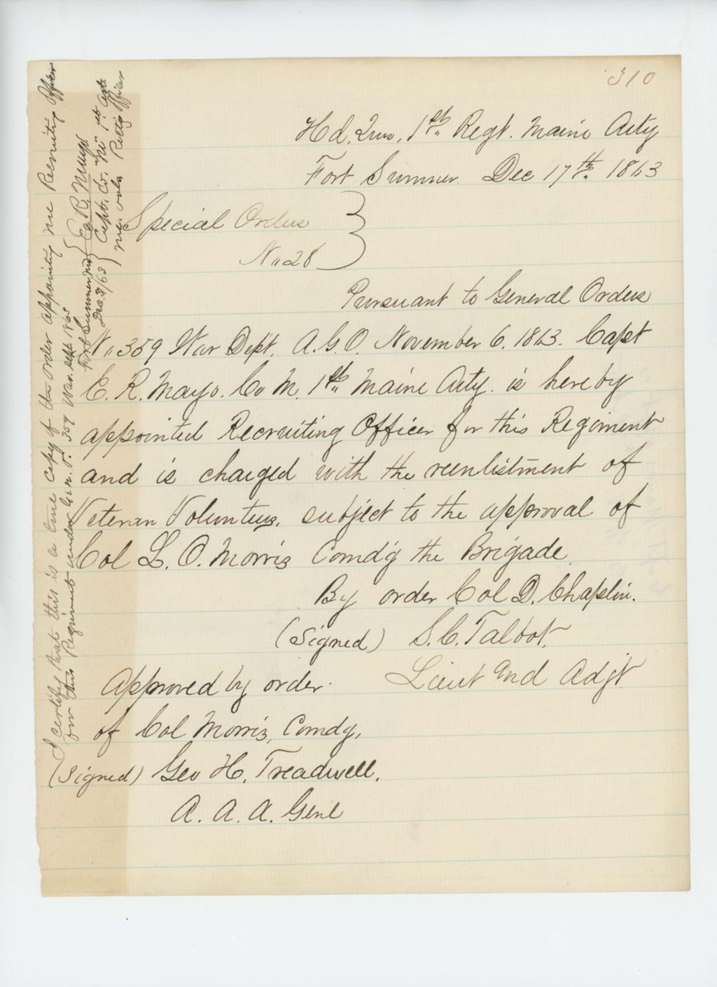Miniature of Special Order 28 appointing Captain E.R. Mayo as regimental recruiting officer in charge of re-enlisting veteran volunteers