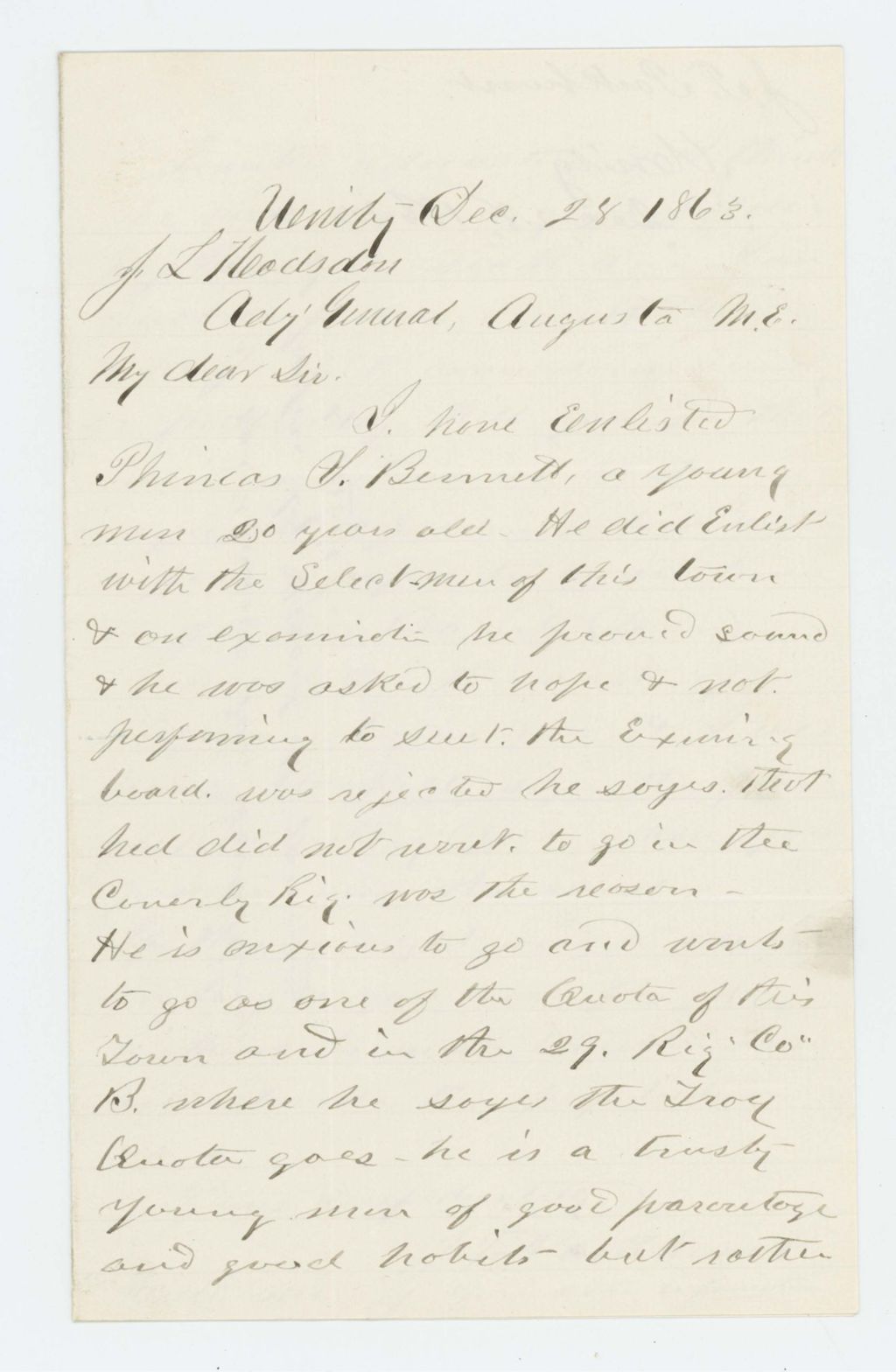 Miniature of J. Parkhurst writes Adjutant General Hodsdon regarding the enlistment of Phineas V. Bennett of Unity