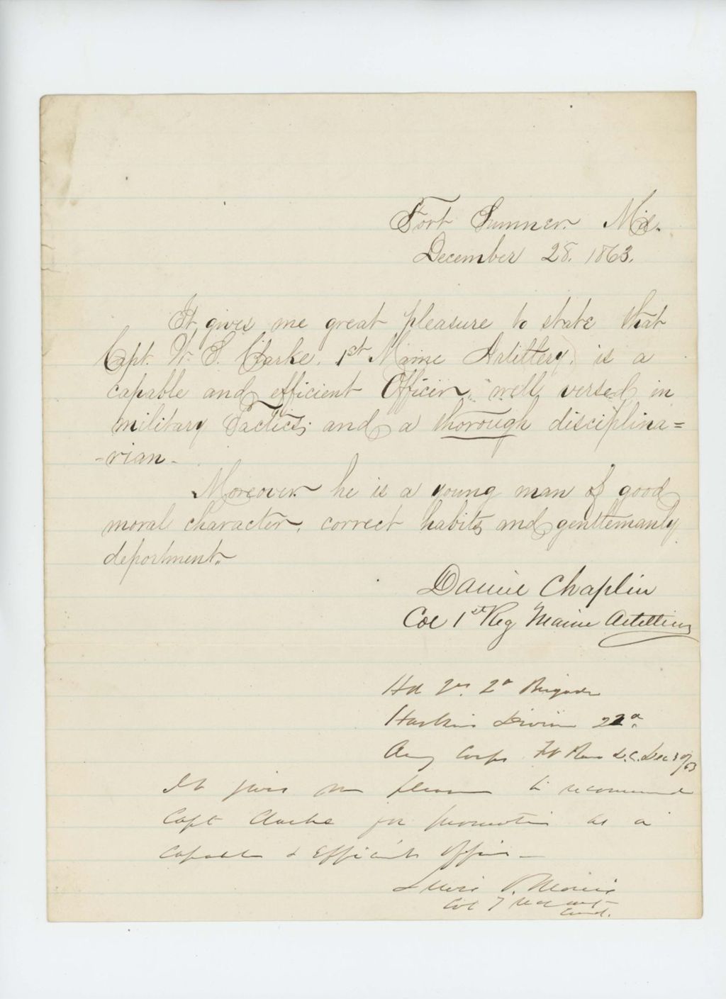 Miniature of Colonel Daniel Chaplin and others recommend Captain W. Clarke for promotion