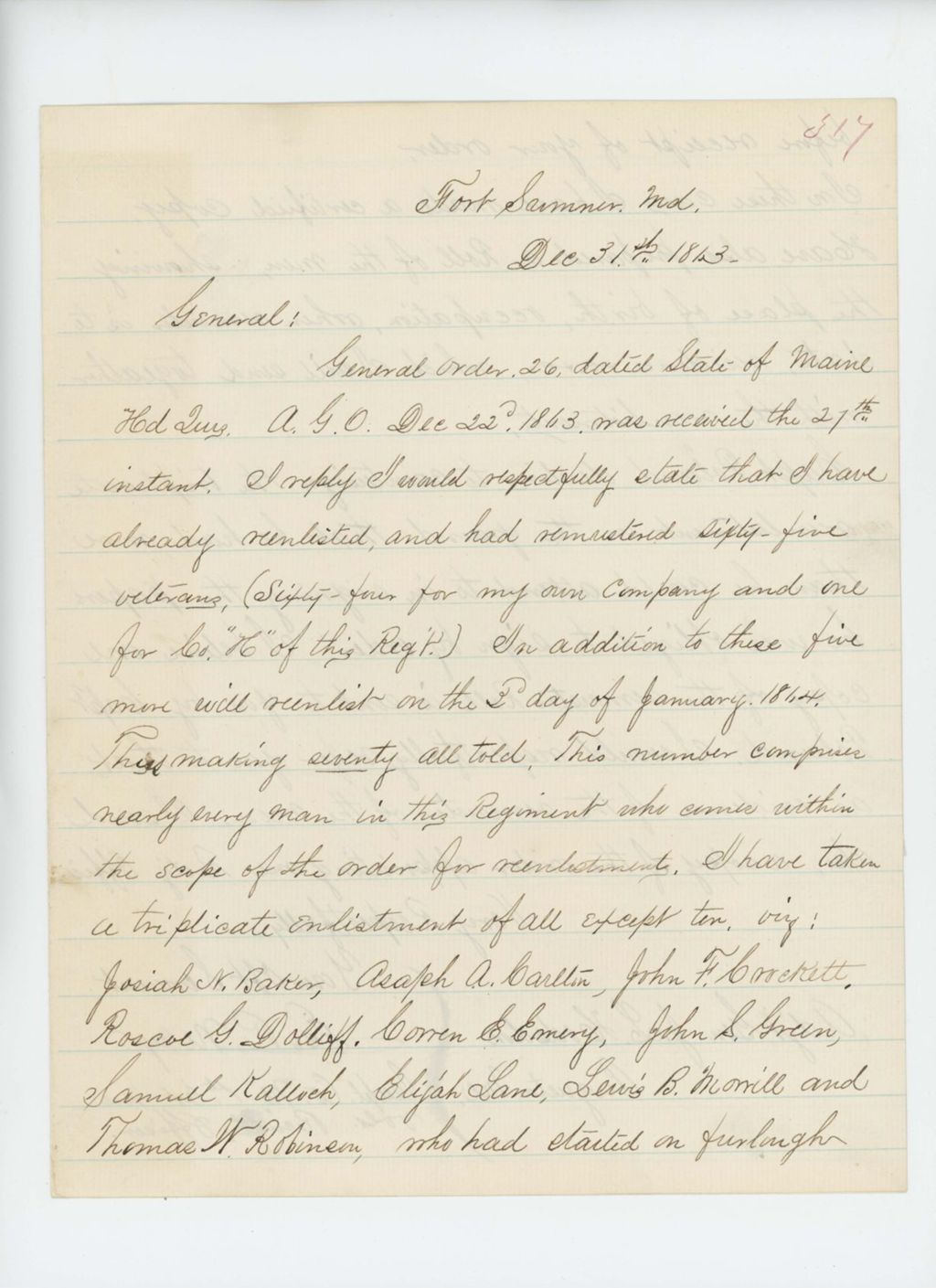 Miniature of Captain Mayo informs General Hodsdon of the re-enlistment of 70 men