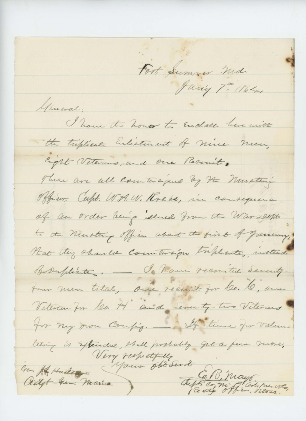 Miniature of Captain Mayo forwards the triplicate enlistments of nine men