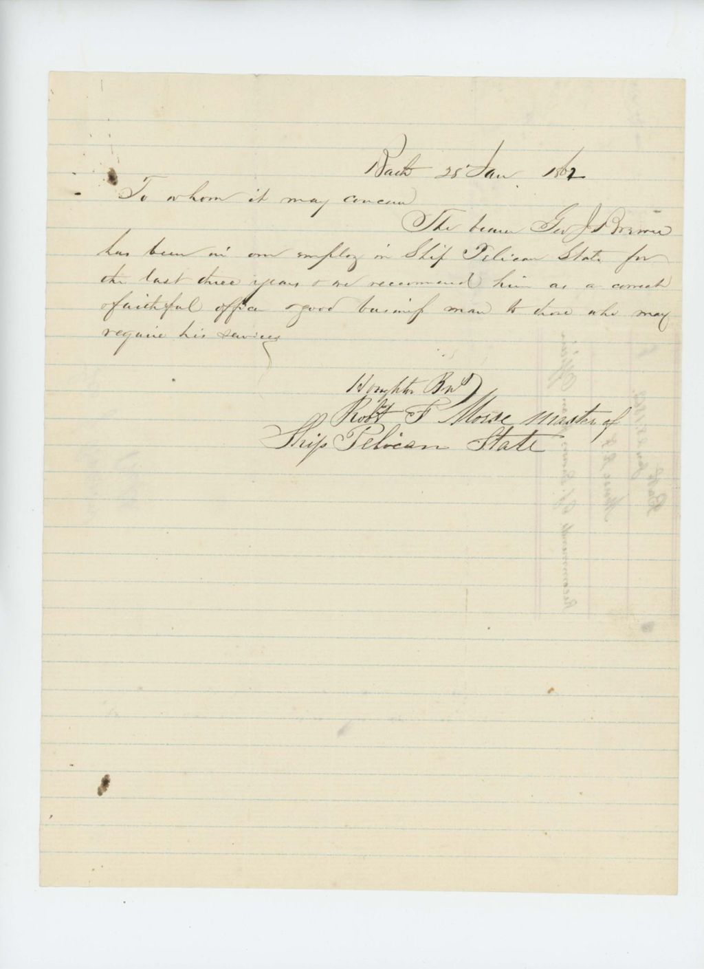 Miniature of Shipmaster Robert F. Morse recommends George J. Brewer for service