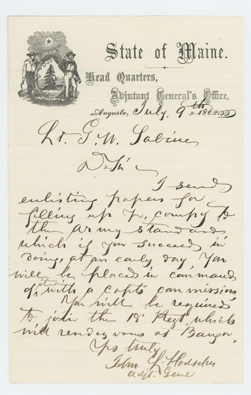 Miniature of Adjutant General John L. Hodsdon writes to Lieutenant George W. Sabine promising a position as captain if he fills the regiment