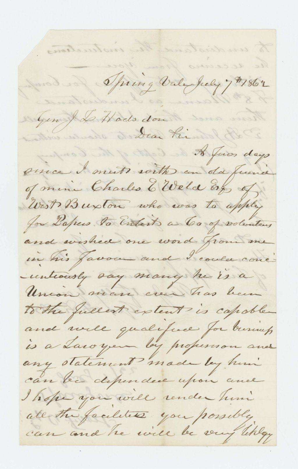 Miniature of George A. Frost recommends Charles E. Weld, Esq. for recruiting officer