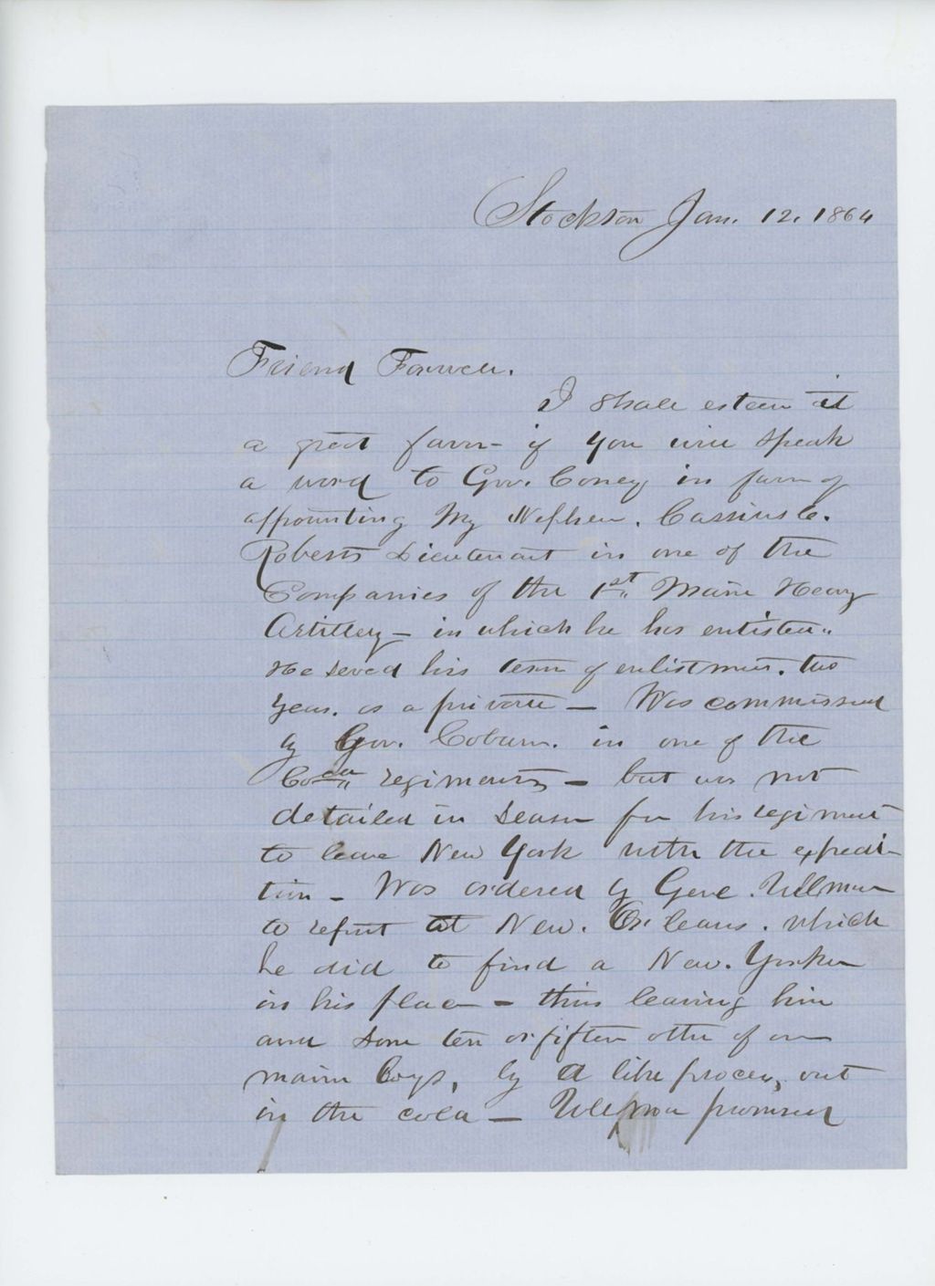 Miniature of Mr. Roberts writes Mr. Farwell requesting the appointment of his nephew Cassius Roberts