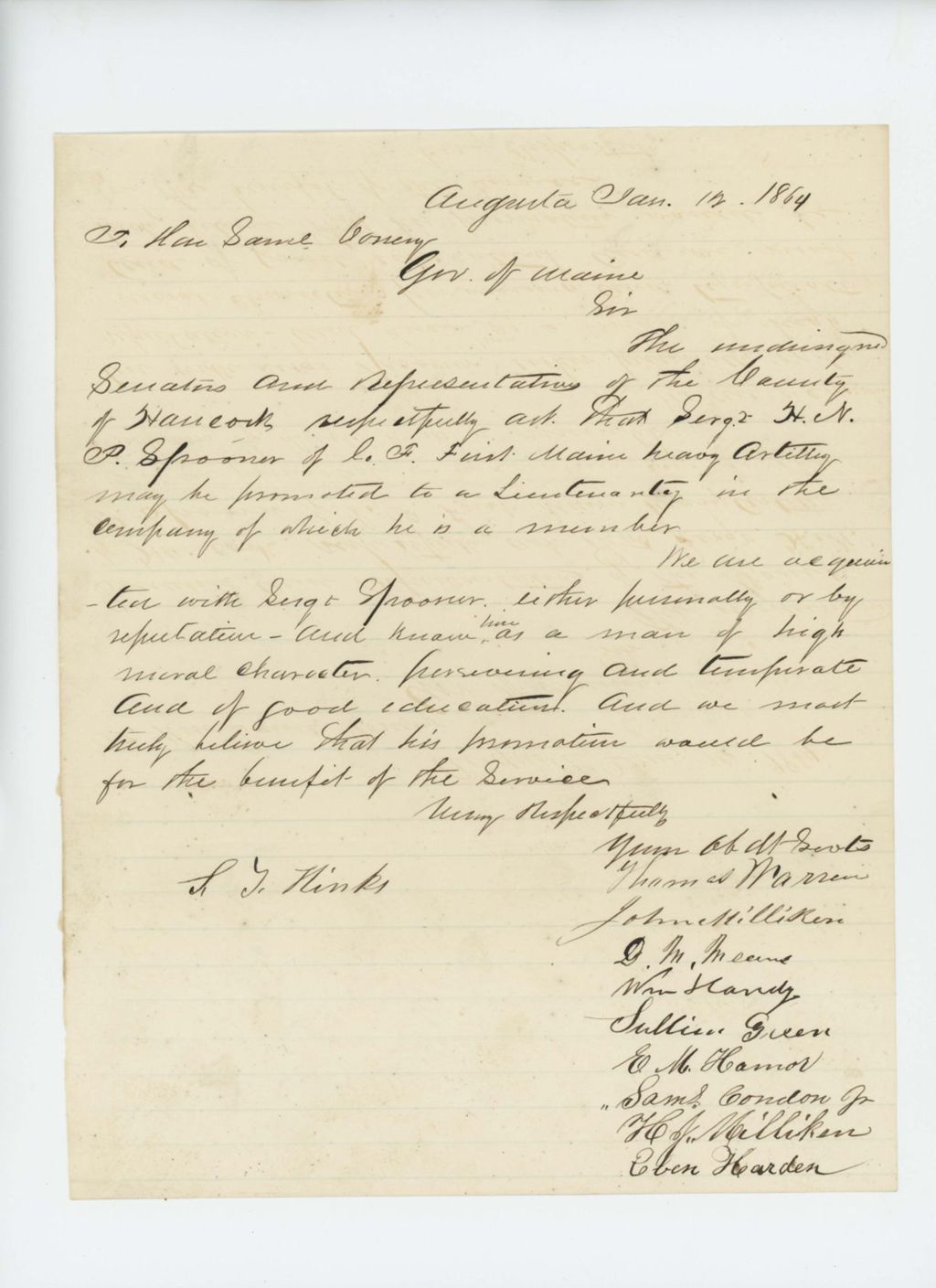 Miniature of Thomas Warren and other Senators and Representatives of Hancock County request the promotion of Sergeant H.N.P. Spooner
