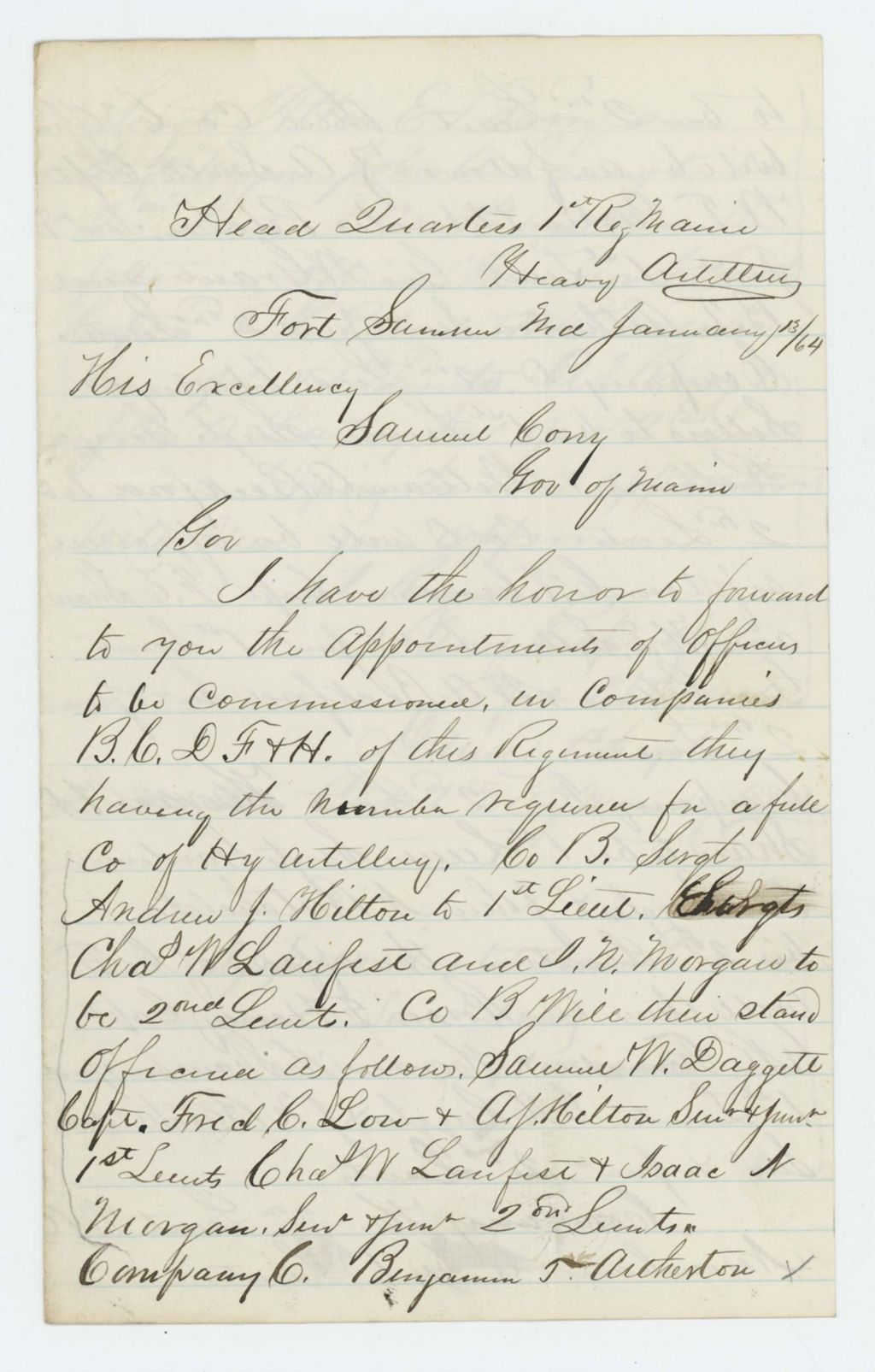 Miniature of Colonel Chaplin recommends promotions and Governor Samuel Cony concurs