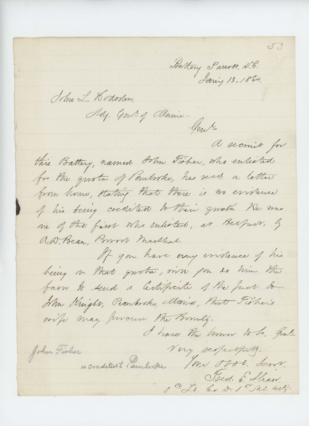 Miniature of Lieutenant F. Shaw requests that John Fisher be credited on the Pembroke quota