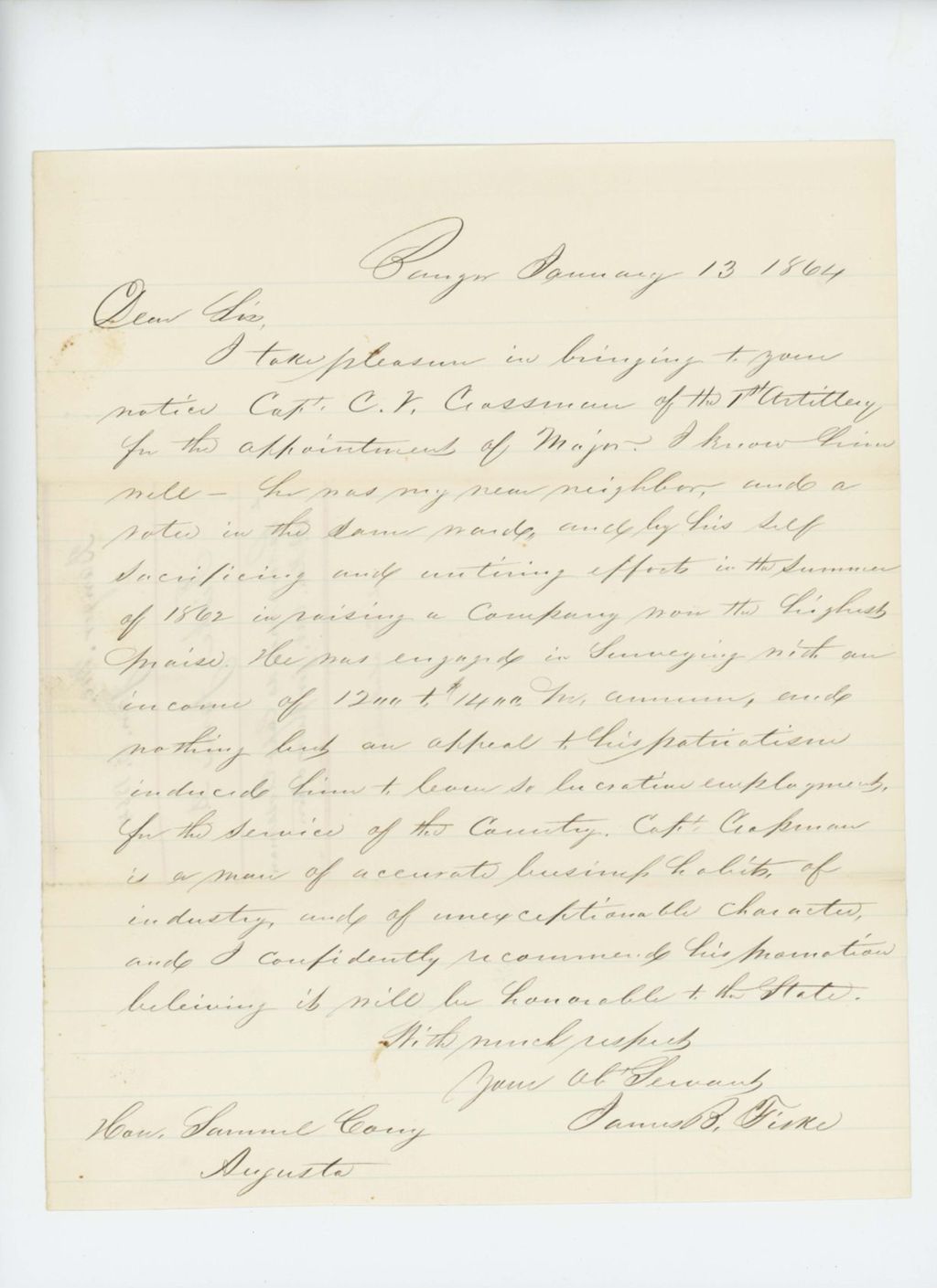 Miniature of James B. Fiske recommends Captain C. Crossman for promotion