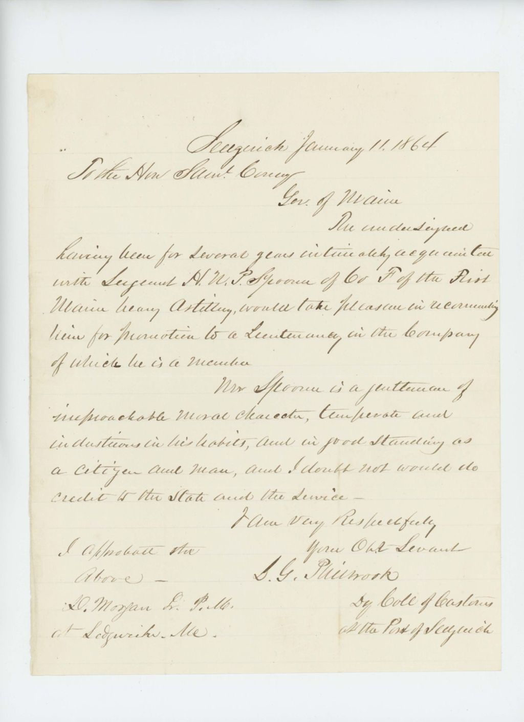 Miniature of Mr. Philbrook of Sedgwick recommends Sergeant H.W. Spooner for promotion