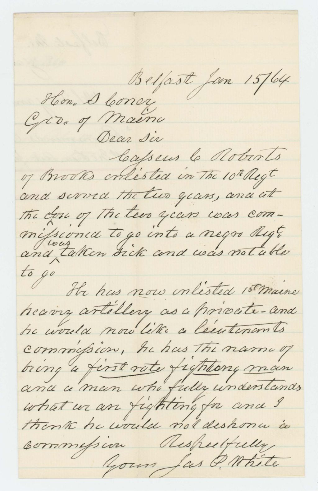 Miniature of James P. White of Belfast recommends Cassius C. Roberts for promotion