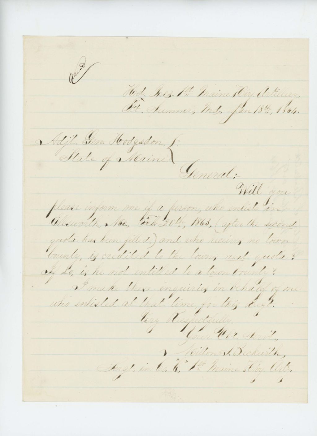 Miniature of Milton S. Beckwith inquires about enlistment and quota