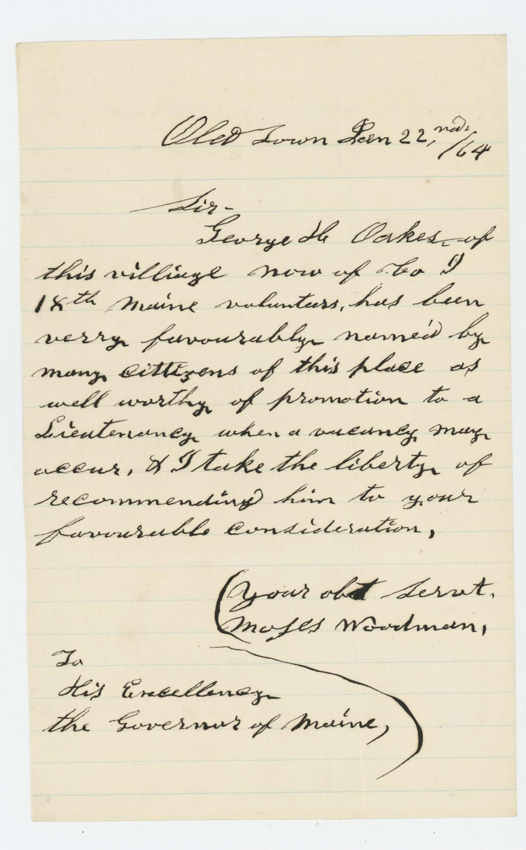 Miniature of Moses Woodman recommends George Oakes for promotion