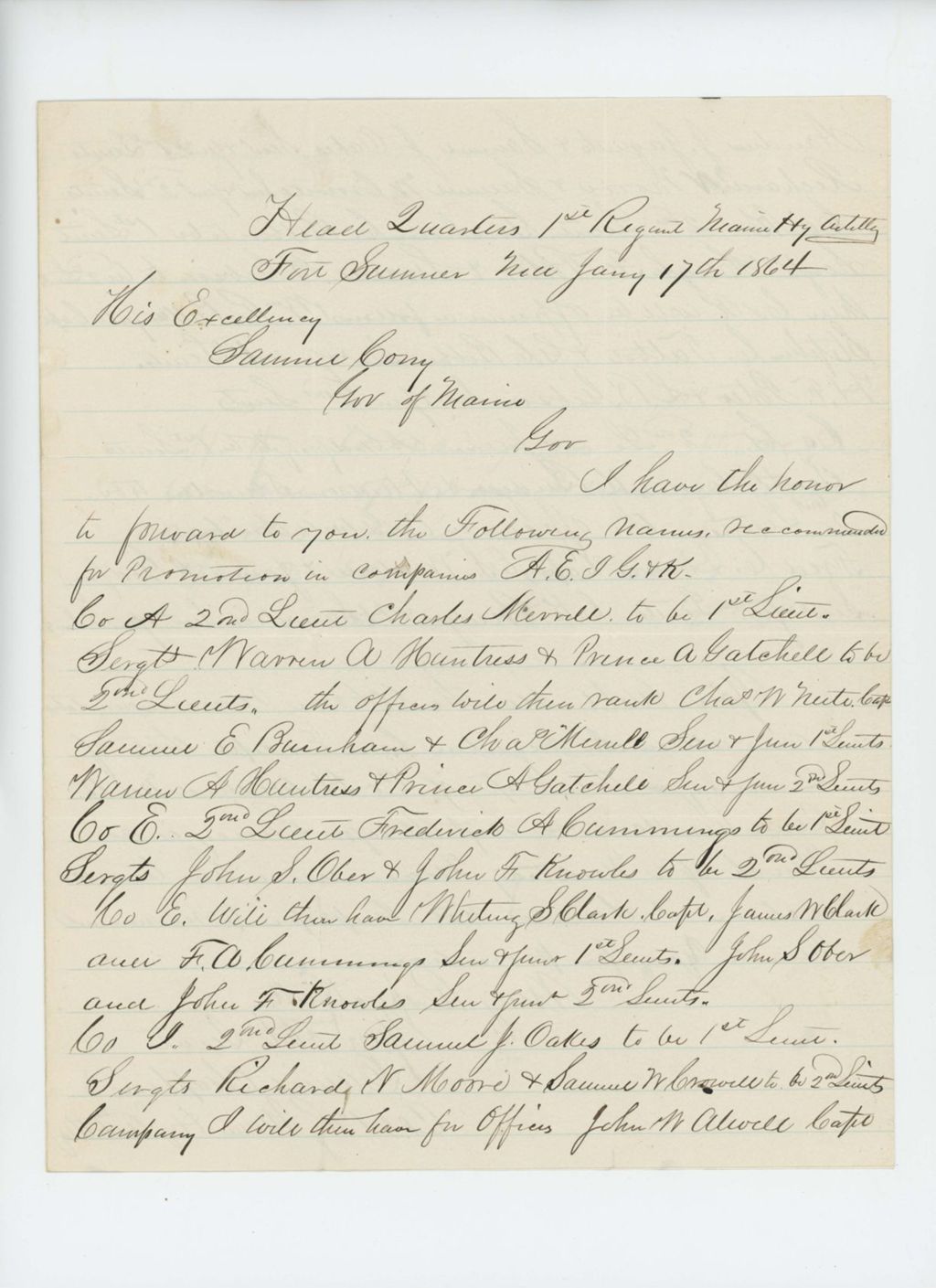 Miniature of Colonel Chaplin recommends several officers for promotion