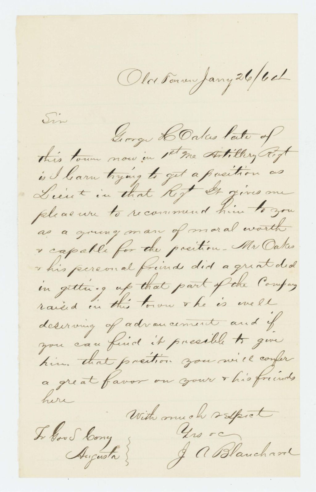 Miniature of J.A. Blanchard recommends George Oakes for commission