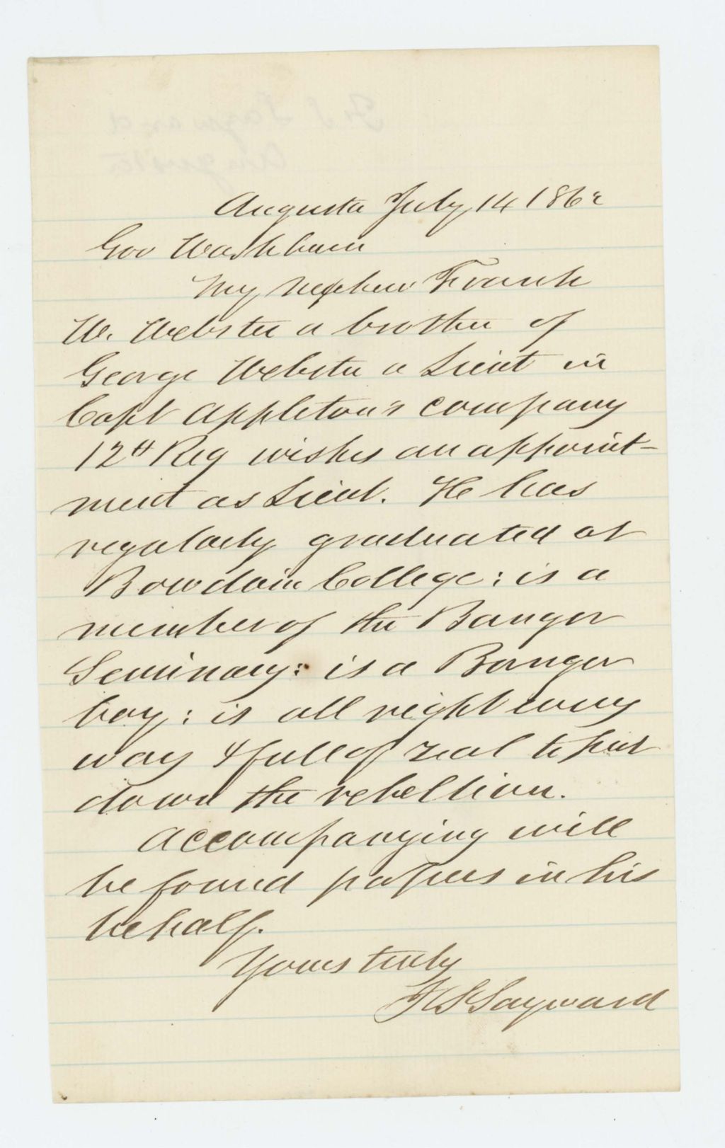 Miniature of Mr. Sayward recommends his nephew Frank Webster to Governor Washburn