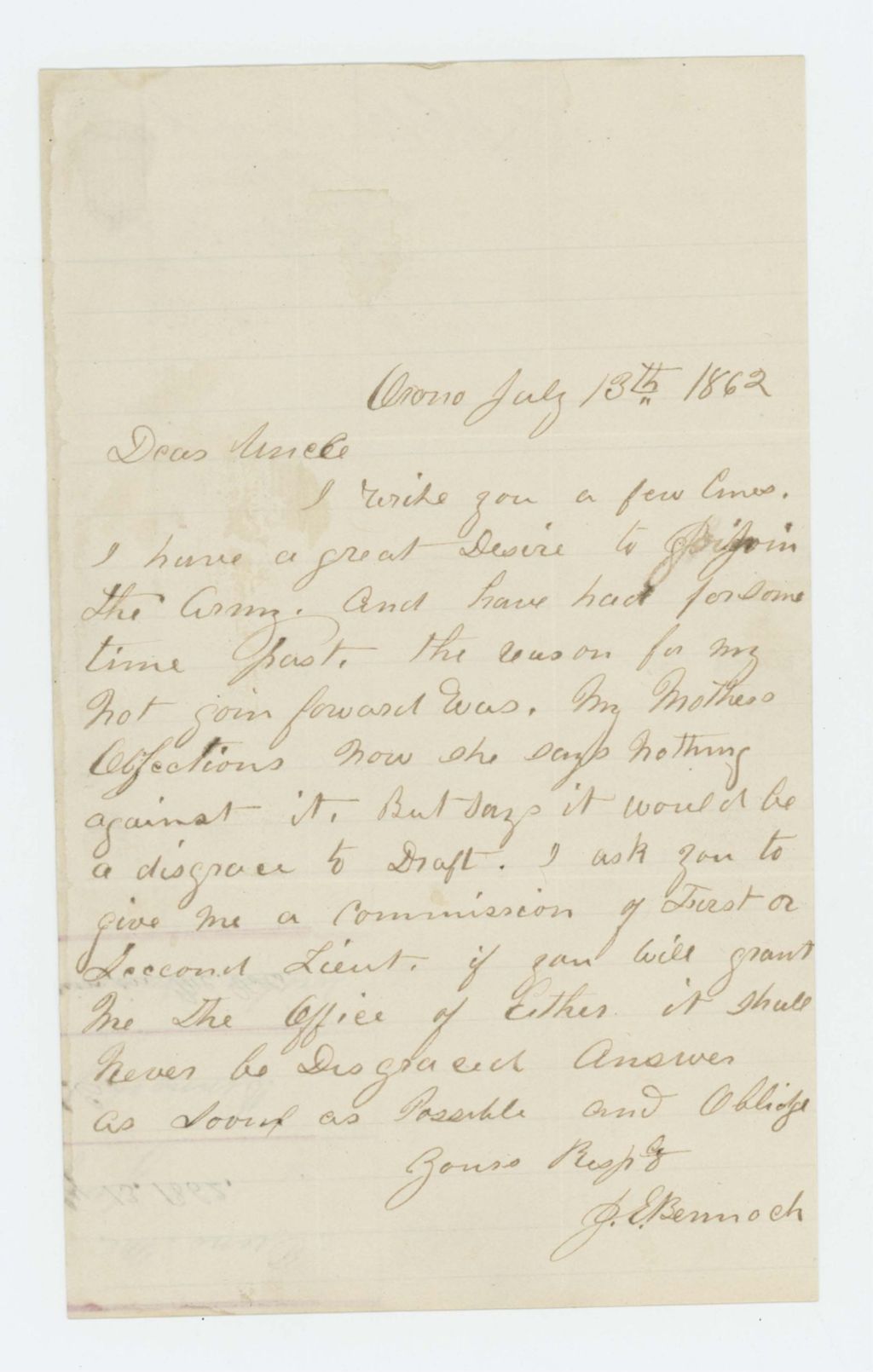 Miniature of J.E. Bennoch requests a commission
