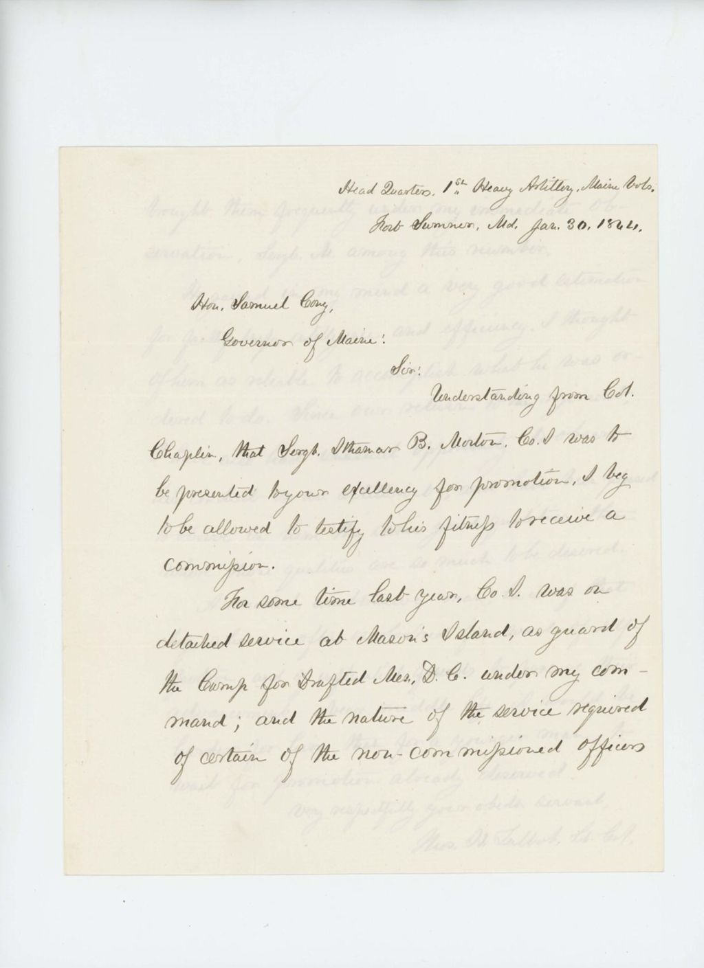 Miniature of Colonel Thomas H. Talbot recommends Sergeant Morton for promotion