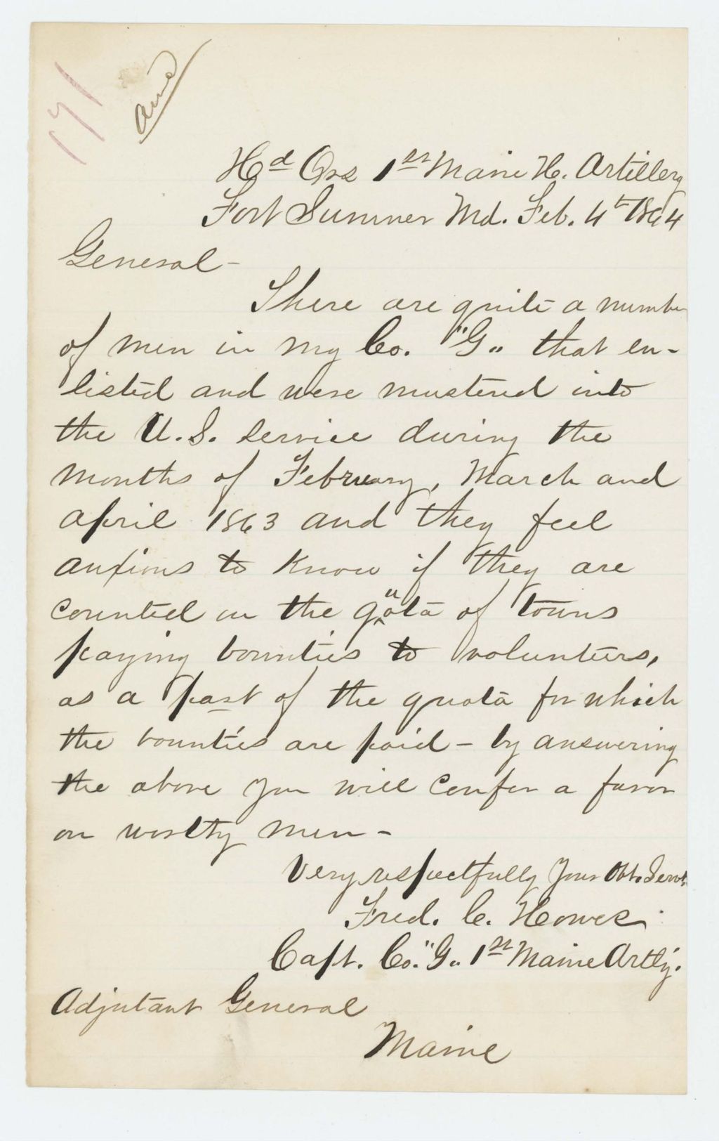 Miniature of Captain Frederic Howes inquires about bounty payments for his men in Company G