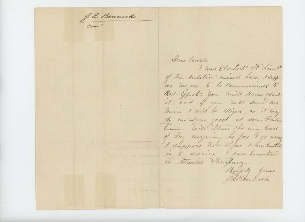 Miniature of Undated - J.E. Bennoch writes his uncle and asks for a commission as 4th Lieutenant