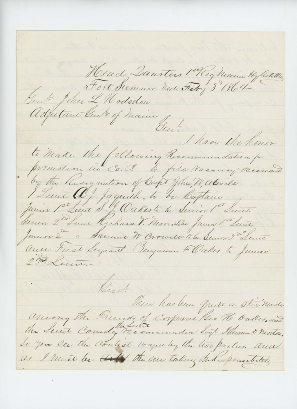Miniature of Colonel Daniel Chaplin writes regarding recommendations for promotion