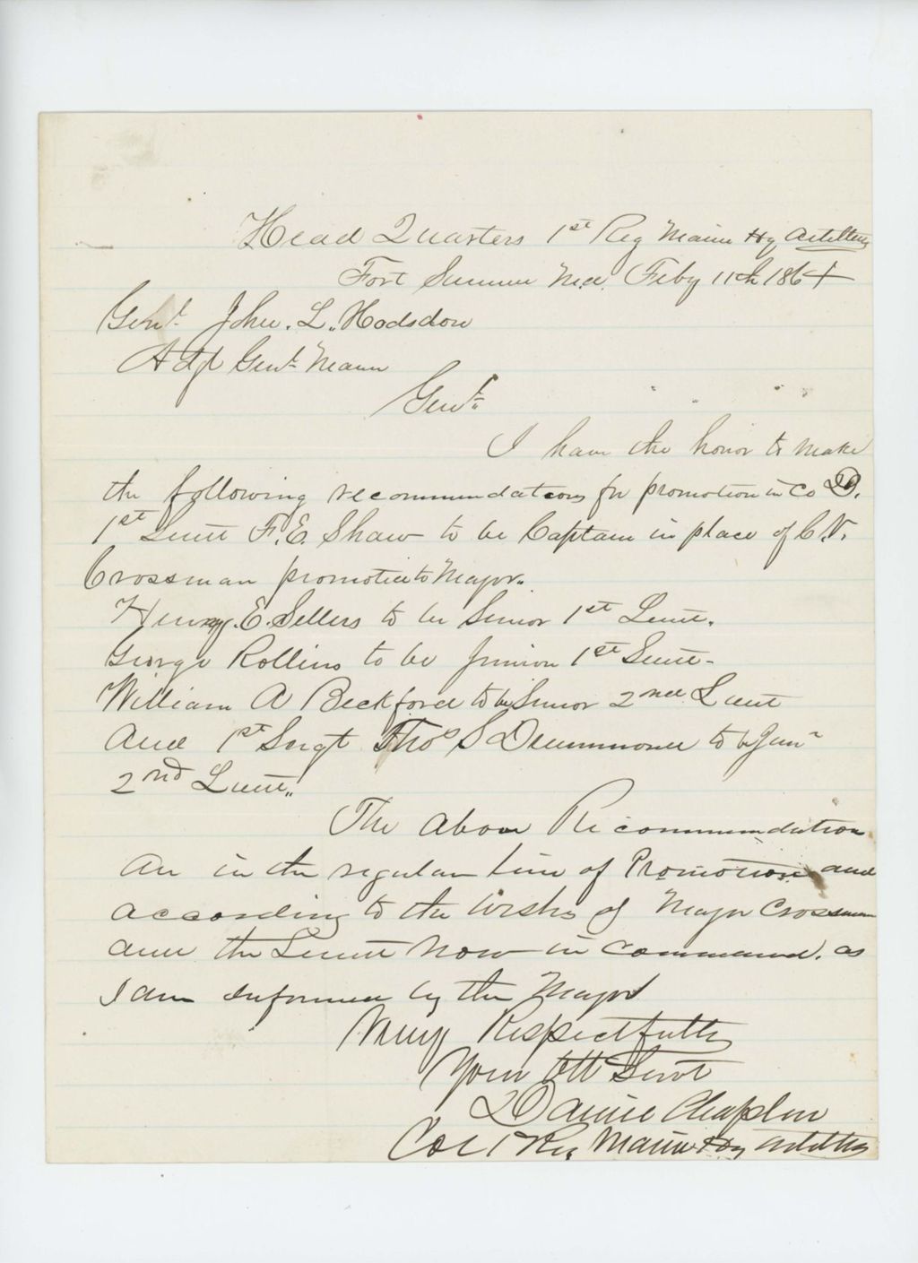 Miniature of Colonel Chaplin makes recommendation for promotions of Shaw, Sellers, Rollins, Bickford, and Drummond