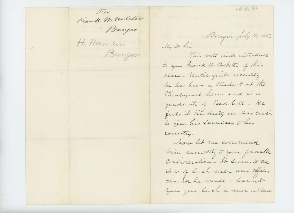 Miniature of Hannibal Hamlin recommends Frank W. Webster for a commission