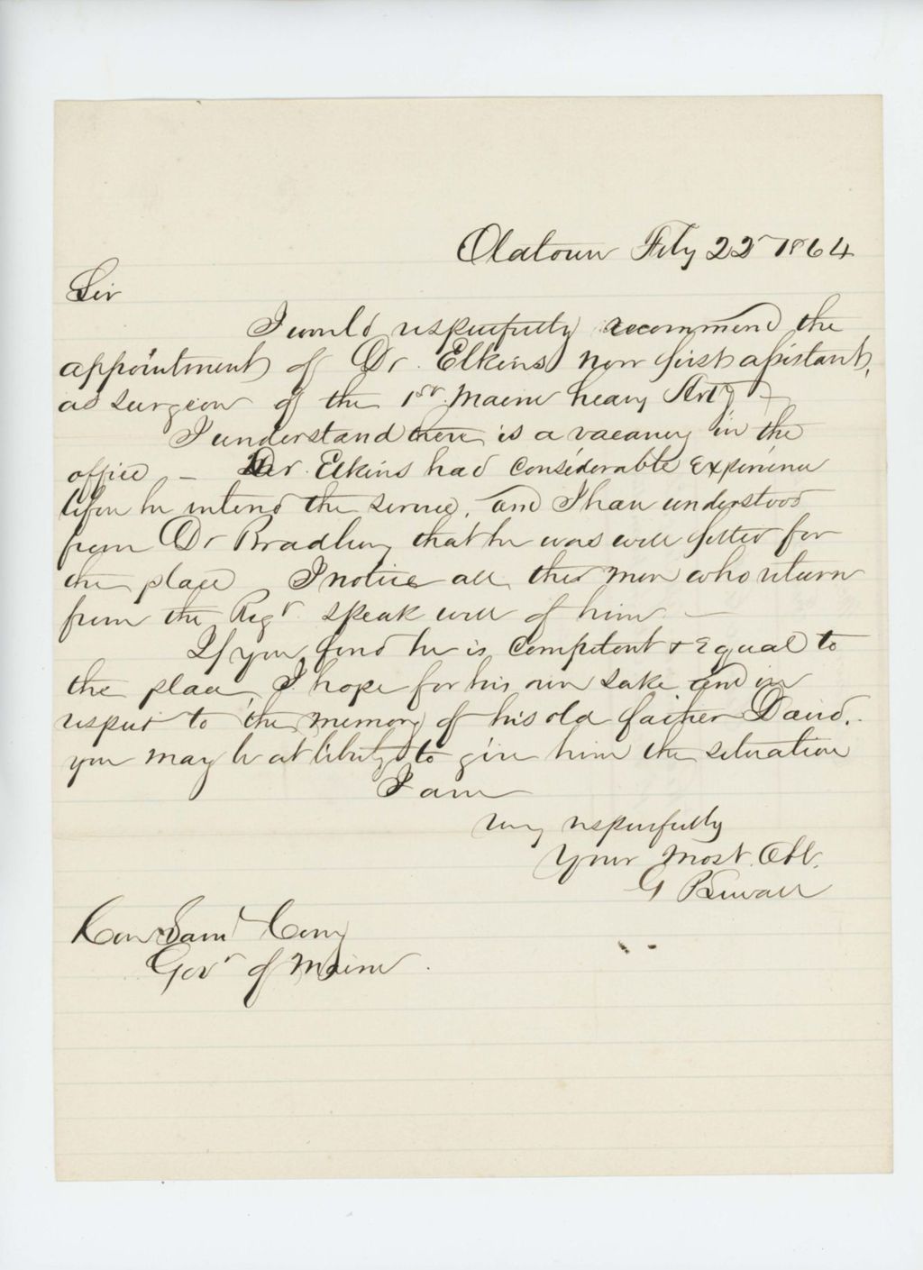 Miniature of G.P. Sewall recommends appointment of Dr. Jerome Elkins as surgeon