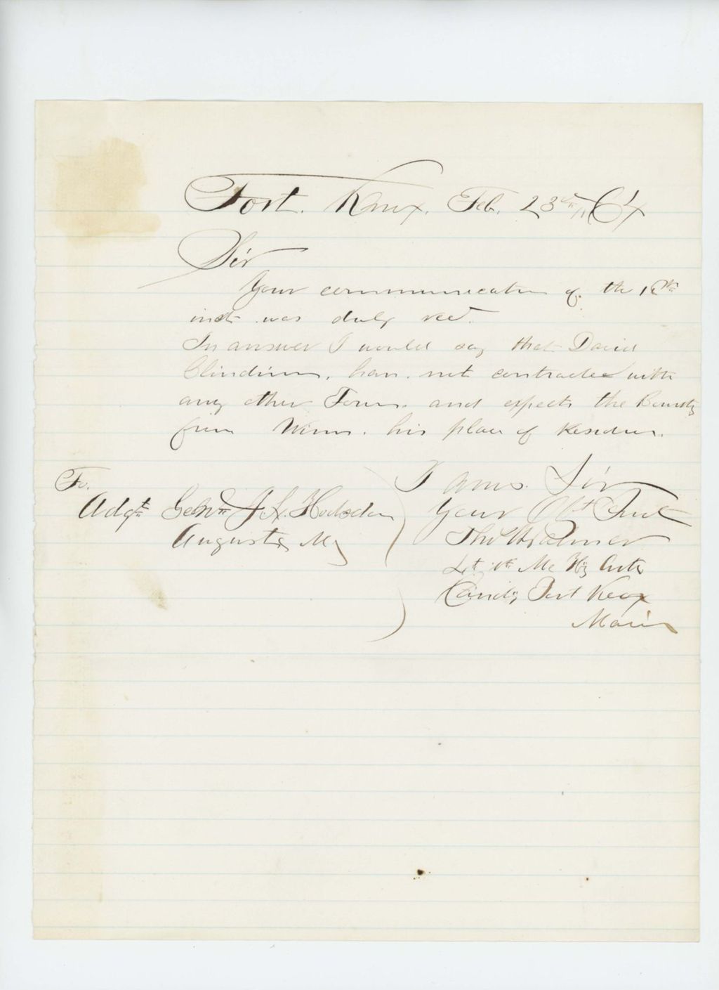 Miniature of Lieutenant Thomas Palmer writes regarding bounty payments for David Clendenin