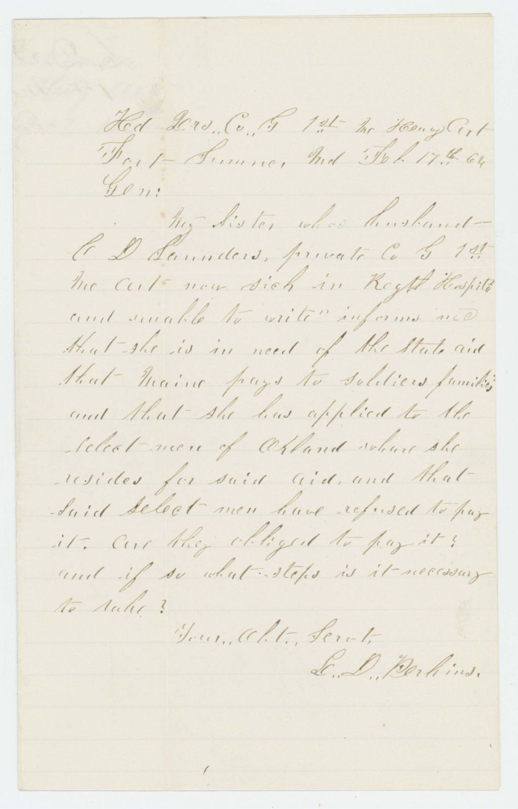 Miniature of L.D. Perkins writes on behalf of wife of C.D. Saunders, who is in need of state aid