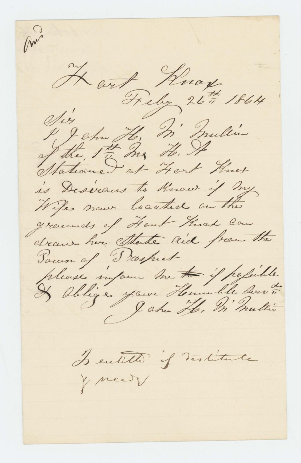 Miniature of John H. McMullin inquires about state aid for his wife