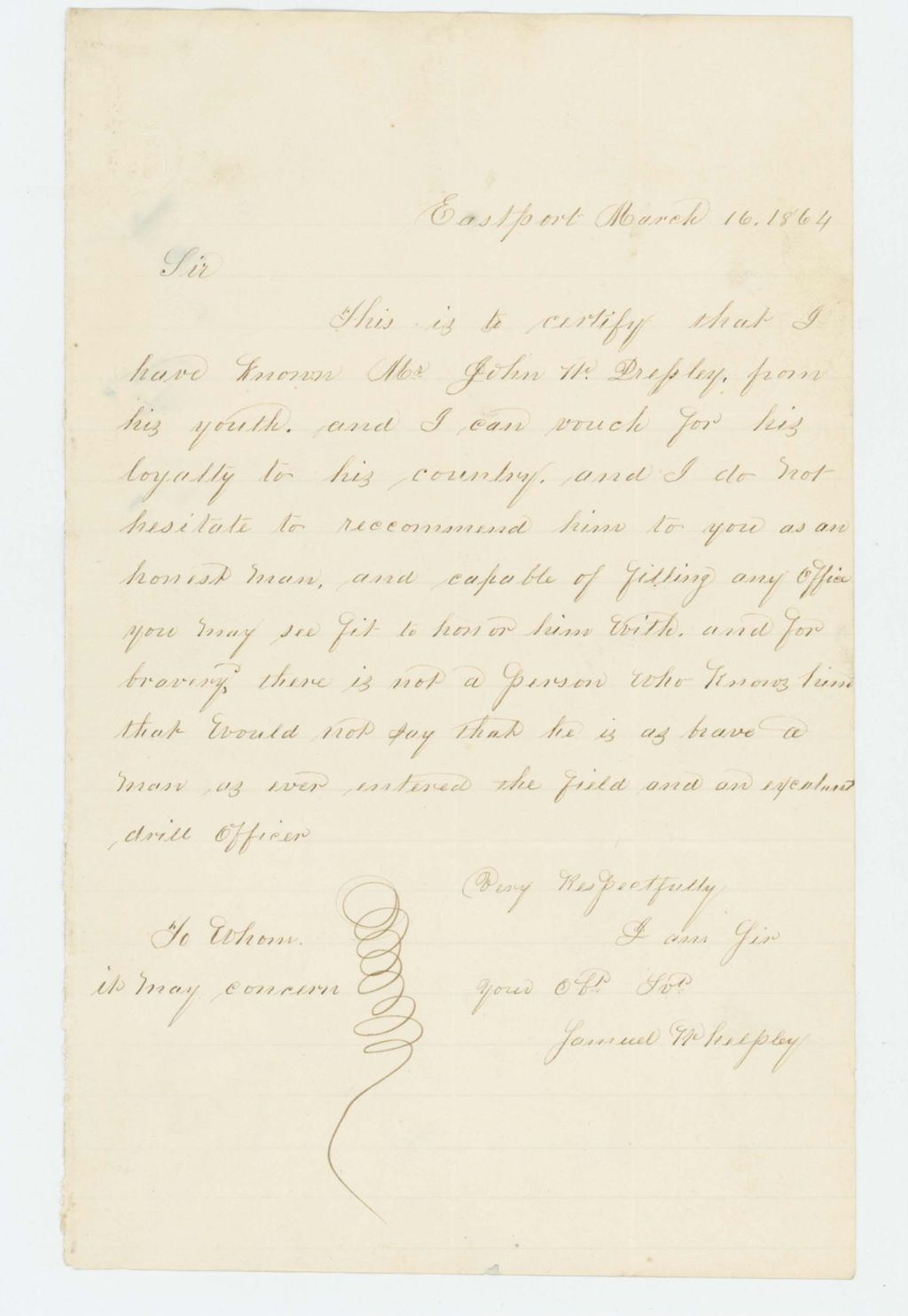 Miniature of Samuel Whelpley recommends John W. Dressley for promotion