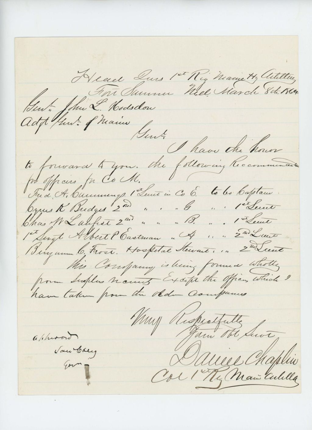 Miniature of Colonel Chaplin recommends promotions of Frederick Cummings, Cyrus Bridges, Charles Lanfest, Albert Eastman, and Benjamin Frost