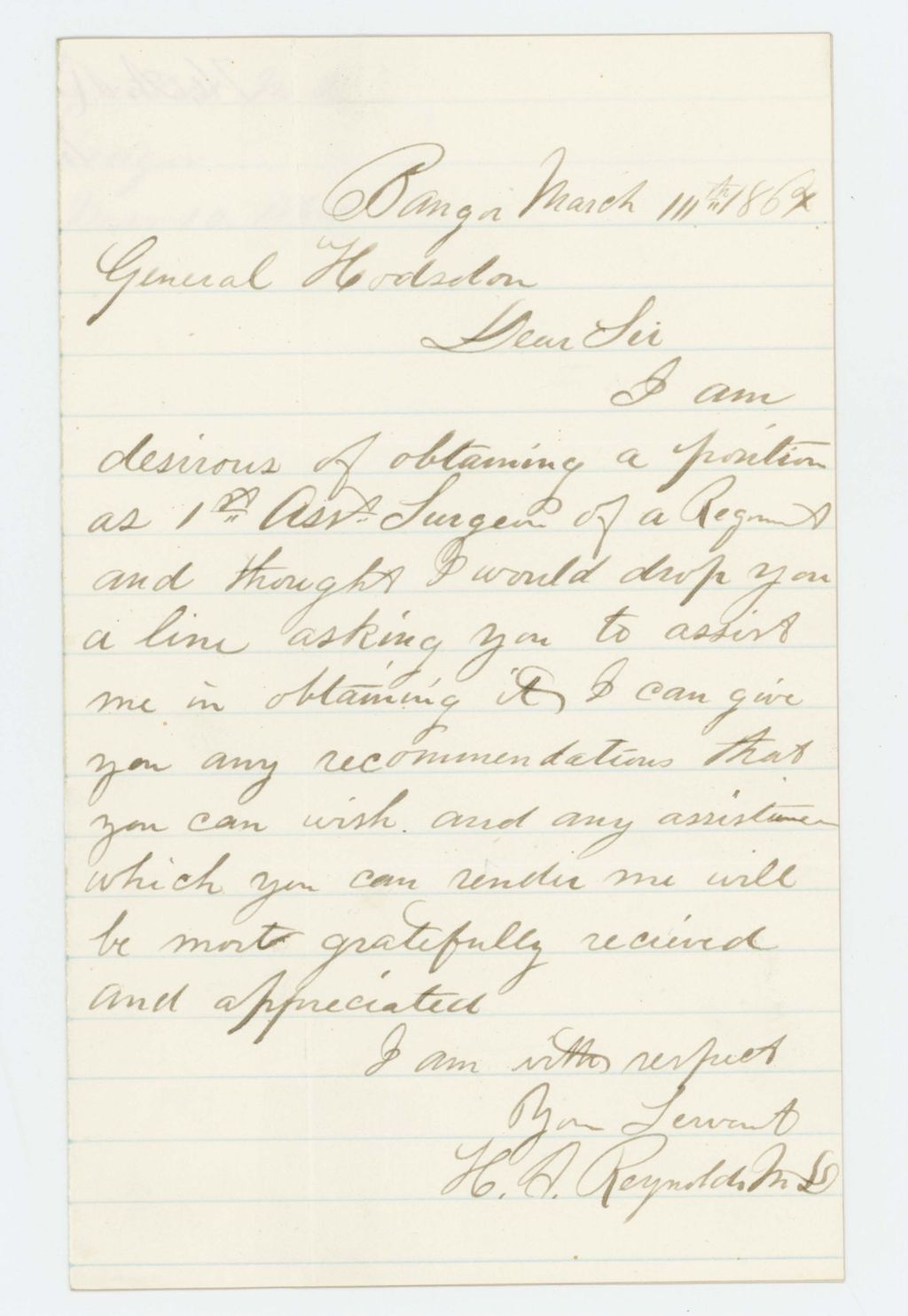 Miniature of Dr. H.A. Reynolds requests a position as Assistant Surgeon