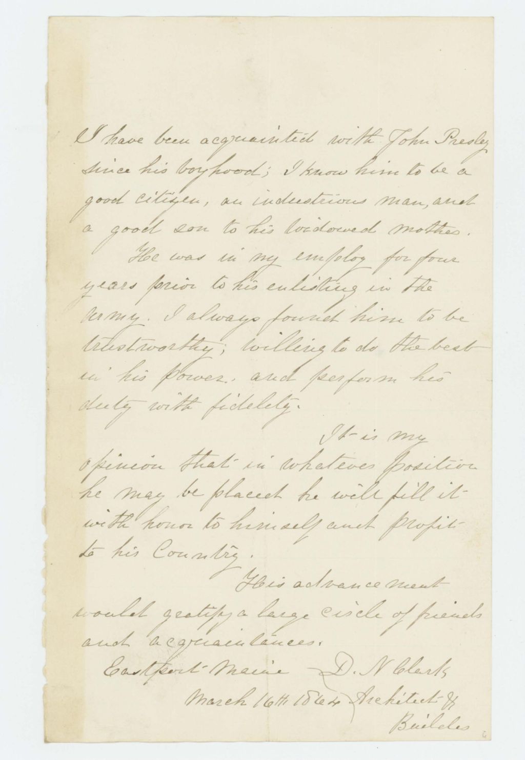 Miniature of D.N. Clark recommends John Presley for promotion