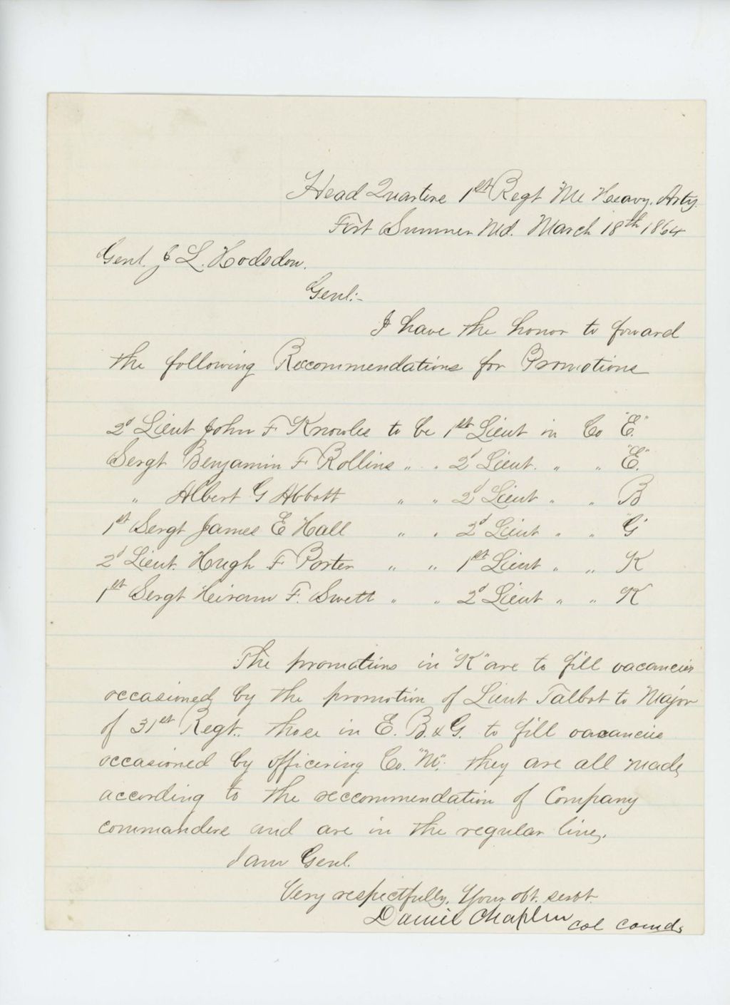 Miniature of Colonel Chaplin recommends promotions of John Knowles, Benjamin Rollins, Albert Abbott, James Hall, Hugh Porter, and Hiram Swett