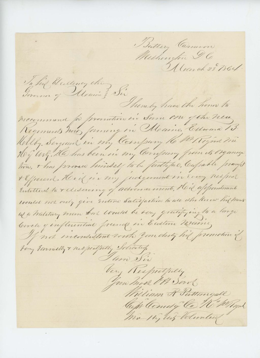 Miniature of Captain William R. Pattangall recommends promotion of Edward B. Kilby