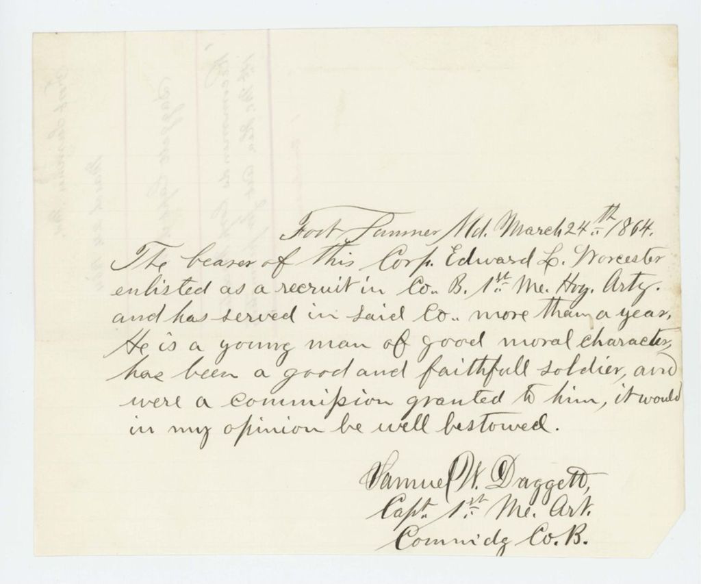 Miniature of Captain Samuel Daggett recommends a commission for Corporal Edward L. Worcester