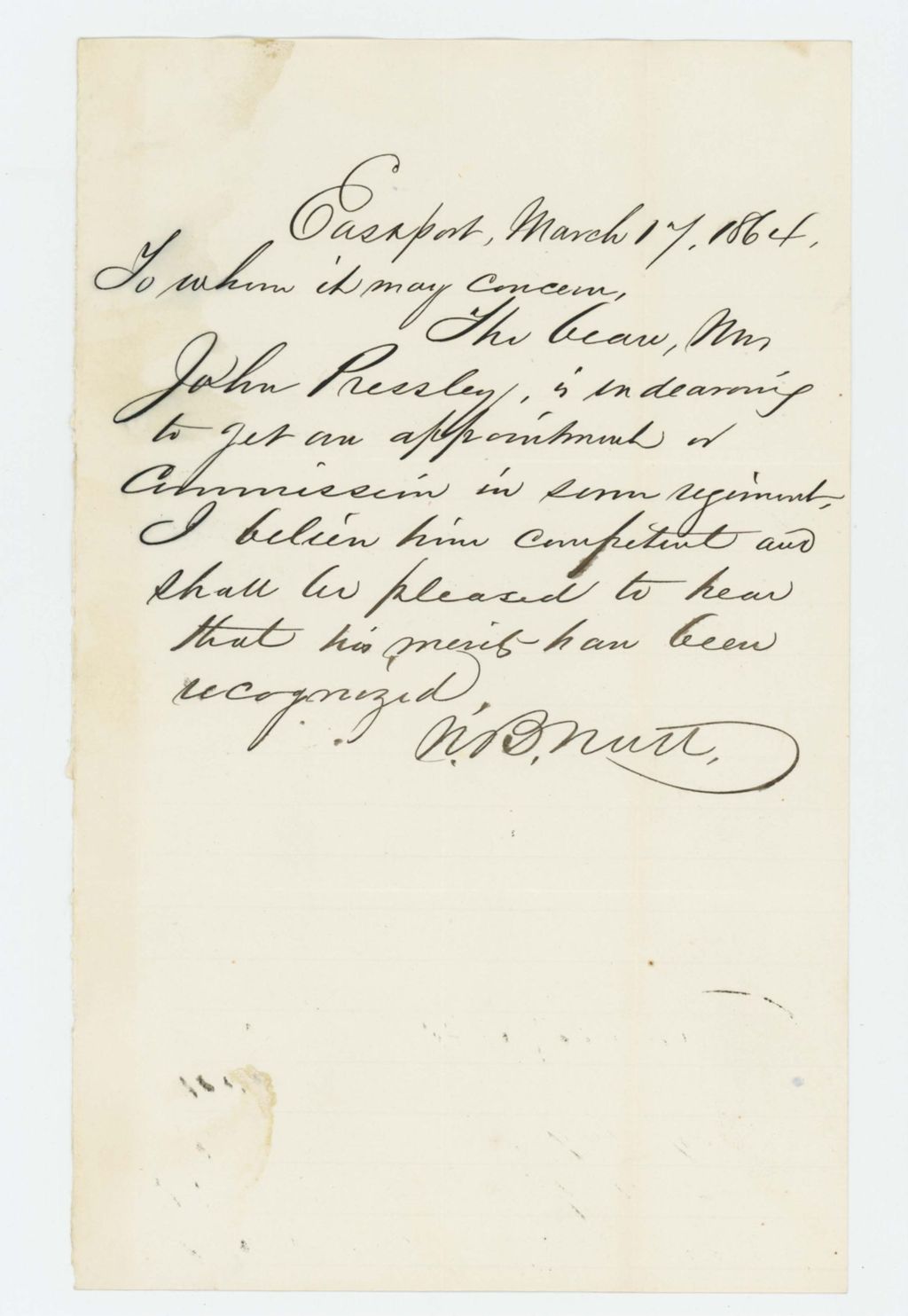 Miniature of Mr. Nutt recommends John Presley for commission
