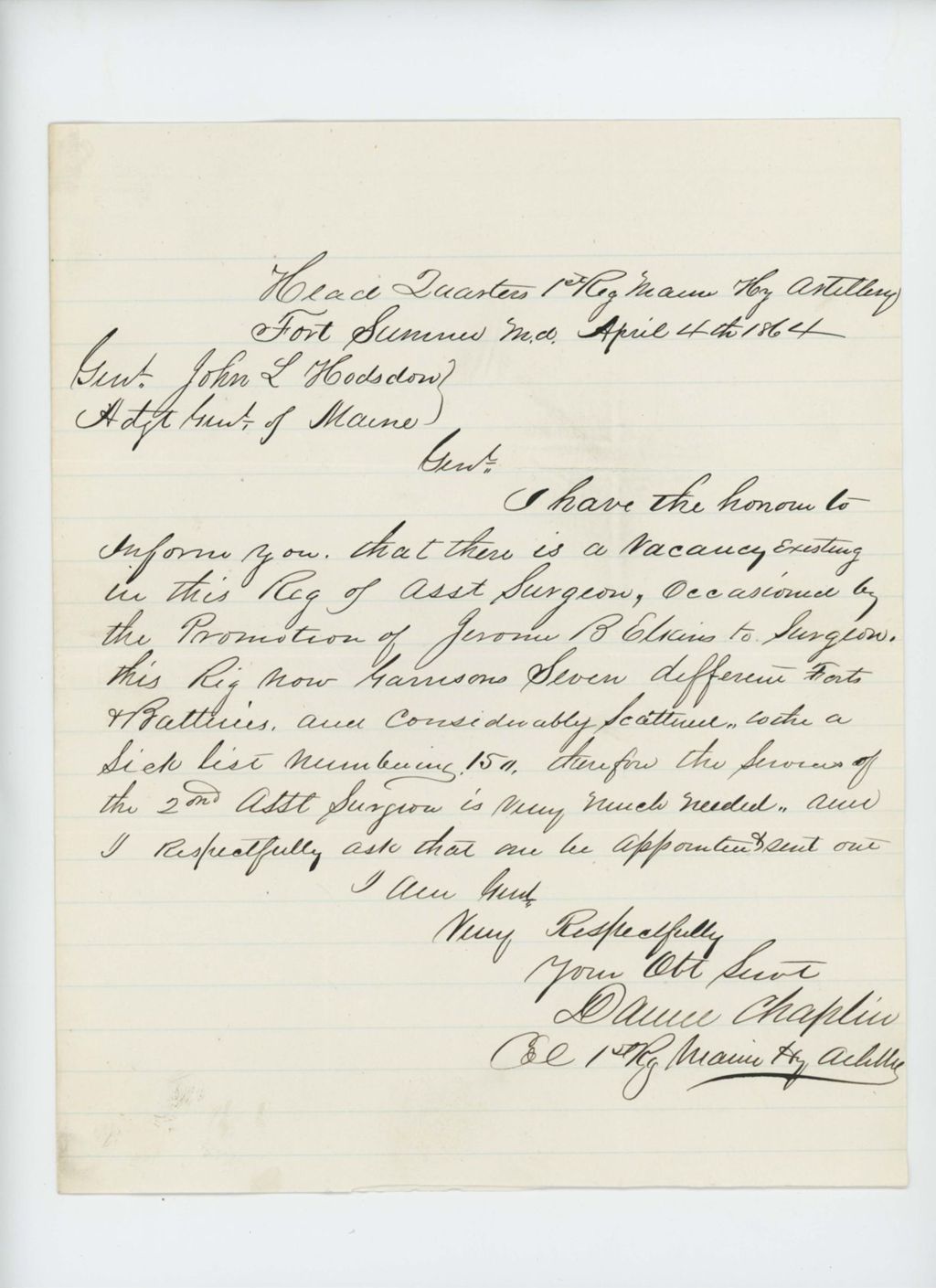 Miniature of Colonel Chaplin requests appointment of another assistant surgeon