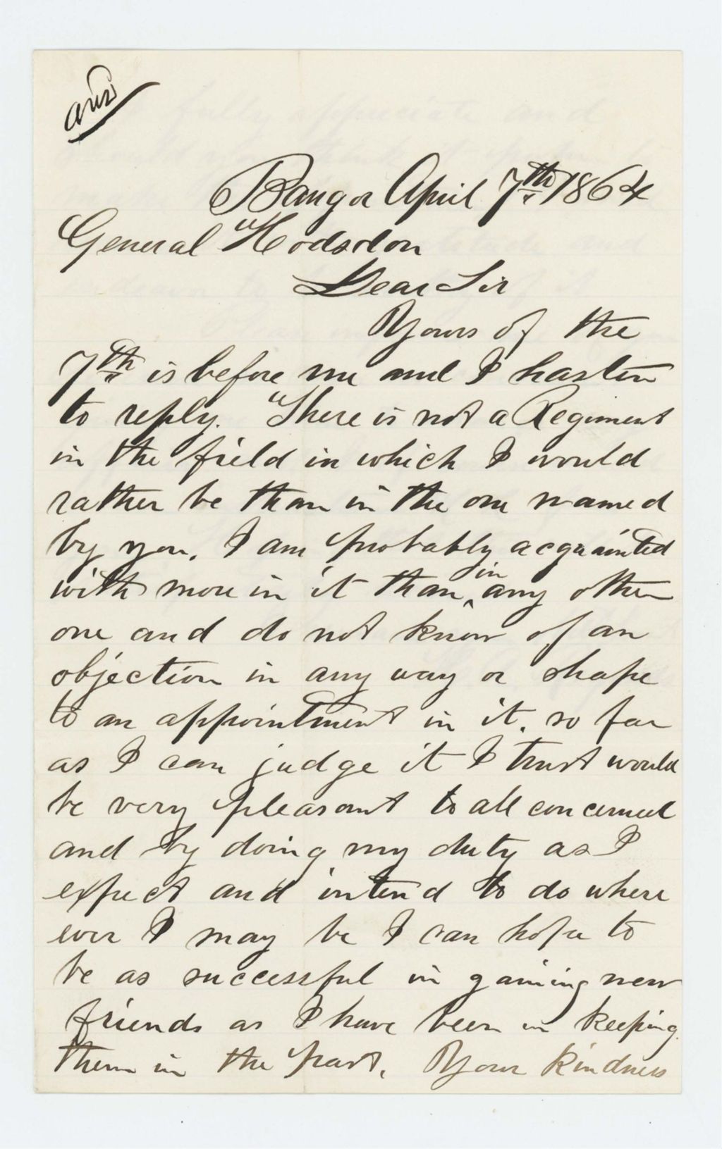 Miniature of H.A. Reynolds requests appointment in the regiment