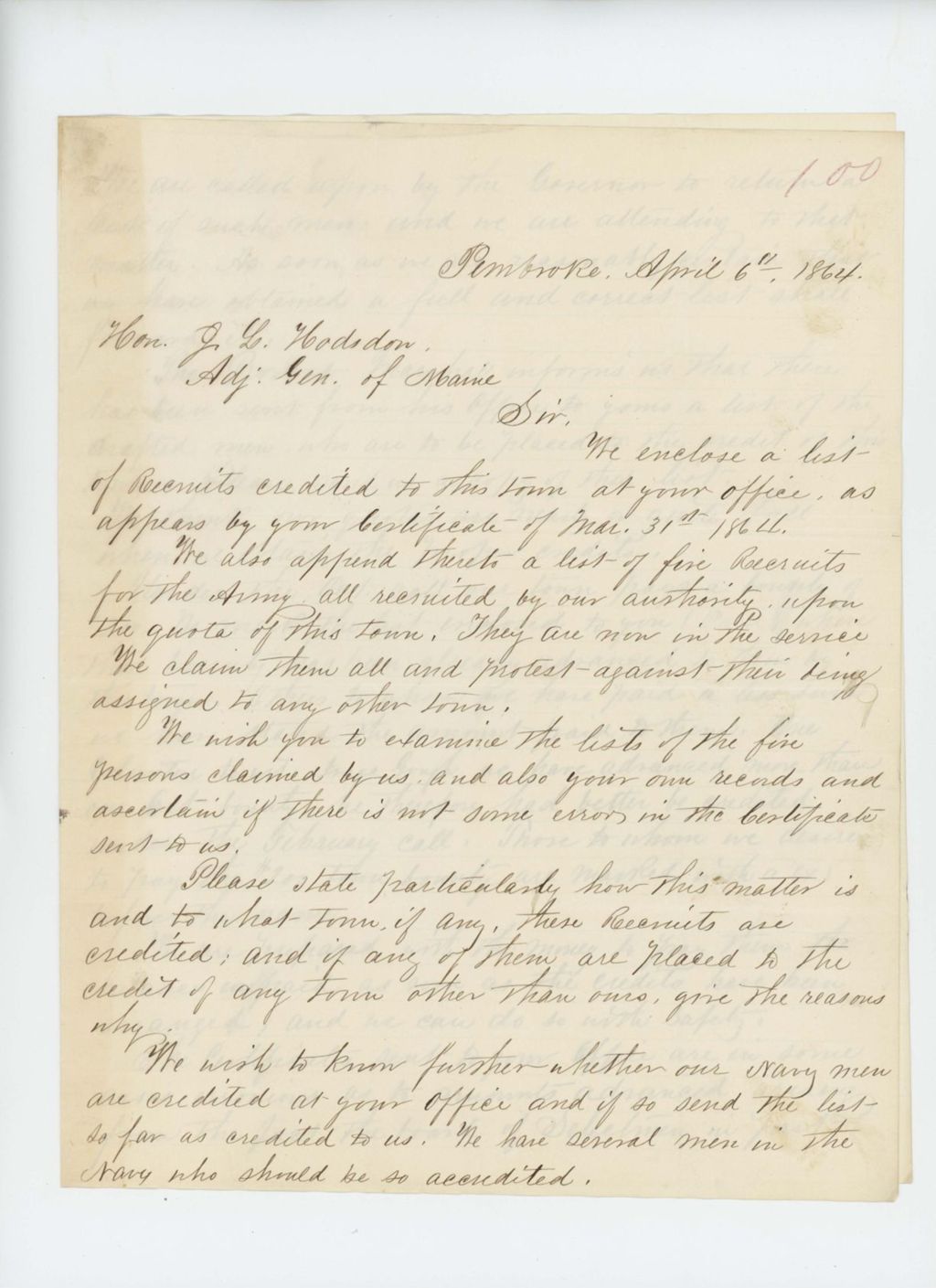 Miniature of Ephraim K. Smart, J.W. McMahon, and John J. Sherman, Selectmen of Pembroke, write Adjutant General Hodsdon regarding recruits