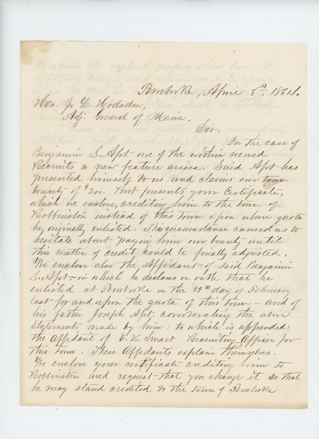 Miniature of E.K. Smart, J.W. McMahon, and John J. Sherman, Selectmen of Pembroke, write Adjutant General Hodsdon regarding recruits Bela Antonez, Leonard Beranth, and Benjamin Apt