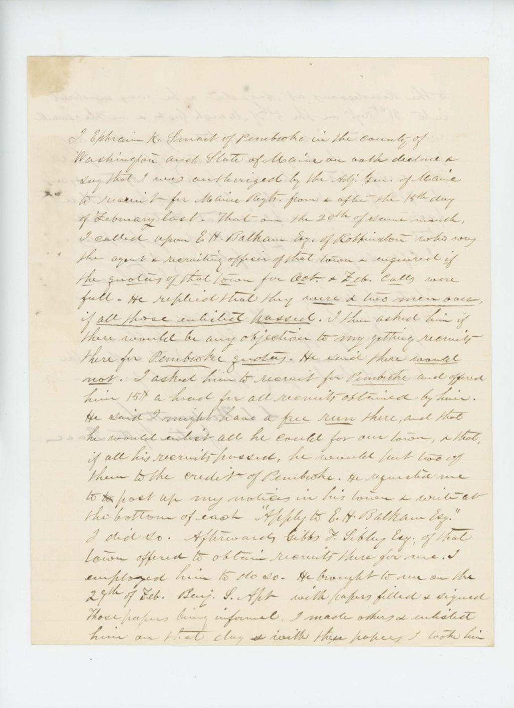 Miniature of Affidavit of Ephraim K. Smart regarding authorization to recruit men for Maine regiments